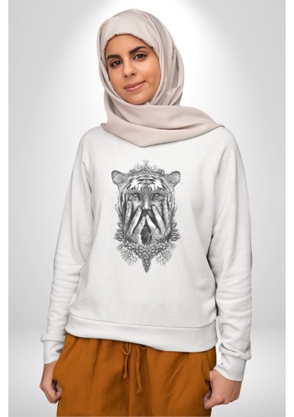 Yarım Insan Yarım Leopar Mutant Leopar Kral Kadın Erkek  Beyaz Baskılı Sweatshirt