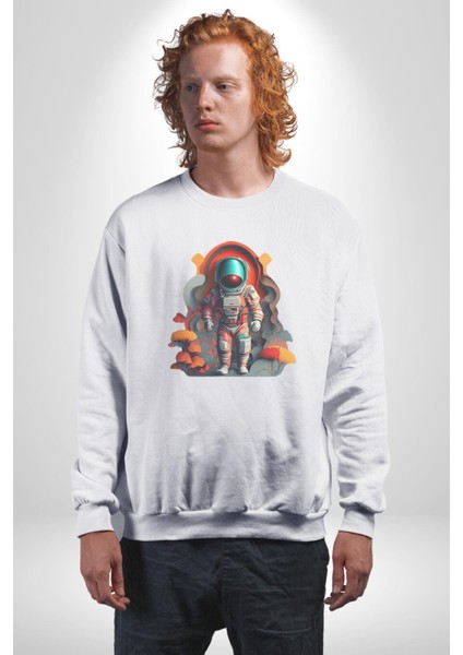 Astronot Yapay Zeka Yürüyüş Kadın Erkek Beyaz Baskılı Sweatshirt