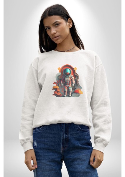 Astronot Yapay Zeka Yürüyüş Kadın Erkek Beyaz Baskılı Sweatshirt fiyatları