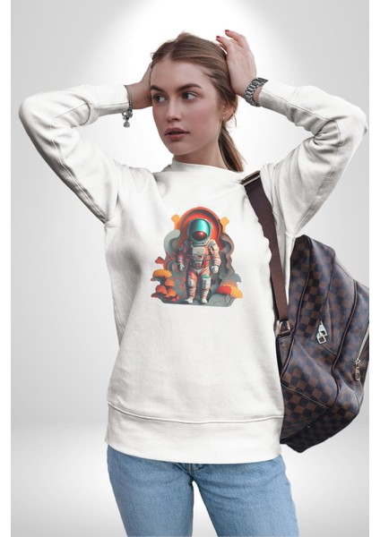 Astronot Yapay Zeka Yürüyüş Kadın Erkek Beyaz Baskılı Sweatshirt fırsatları