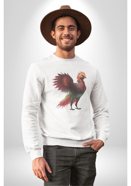 Anka Kuşu Ateş Kuşu Kadın Erkek Beyaz Baskılı Sweatshirt