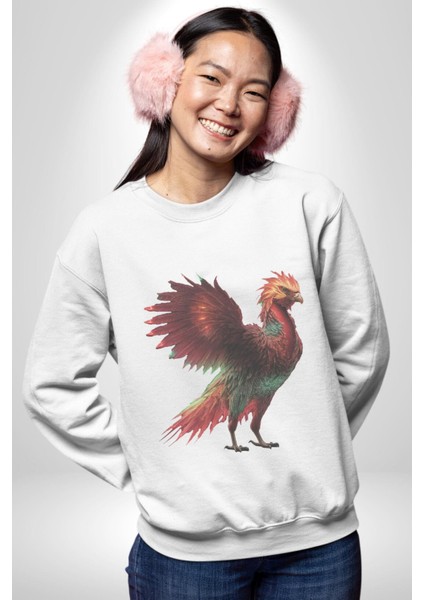 Anka Kuşu Ateş Kuşu Kadın Erkek Beyaz Baskılı Sweatshirt