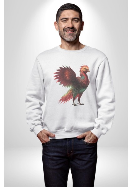 Anka Kuşu Ateş Kuşu Kadın Erkek Beyaz Baskılı Sweatshirt