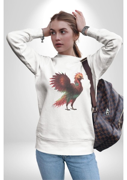 Anka Kuşu Ateş Kuşu Kadın Erkek Beyaz Baskılı Sweatshirt