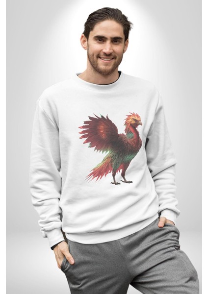 Anka Kuşu Ateş Kuşu Kadın Erkek Beyaz Baskılı Sweatshirt