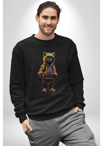 Spor Eşofman Takımı Sarı Kedi Insan Kadın Erkek Siyah Baskılı Sweatshirt