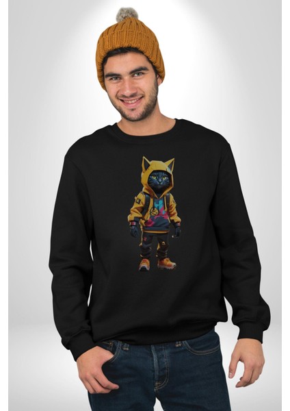 Spor Eşofman Takımı Sarı Kedi Insan Kadın Erkek Siyah Baskılı Sweatshirt fiyatları