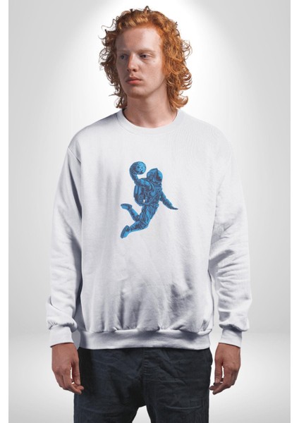 Basketbol Mars Uzay Smaçı Kadın Erkek Beyaz Baskılı Sweatshirt