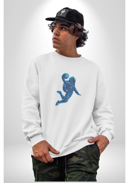 Basketbol Mars Uzay Smaçı Kadın Erkek Beyaz Baskılı Sweatshirt modelleri