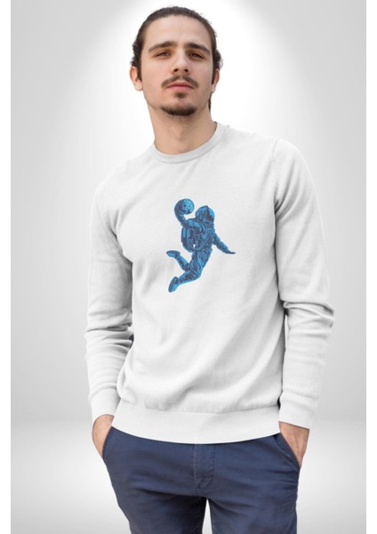 Basketbol Mars Uzay Smaçı Kadın Erkek Beyaz Baskılı Sweatshirt fırsatları