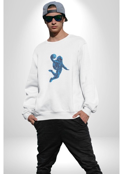 Basketbol Mars Uzay Smaçı Kadın Erkek Beyaz Baskılı Sweatshirt indirimleri