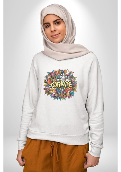 Turkiye Özel Karakterleri Kadın Erkek Beyaz Baskılı Sweatshirt