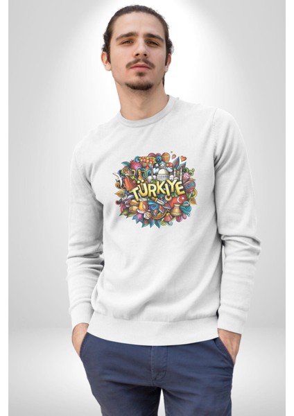 Turkiye Özel Karakterleri Kadın Erkek Beyaz Baskılı Sweatshirt fiyatları