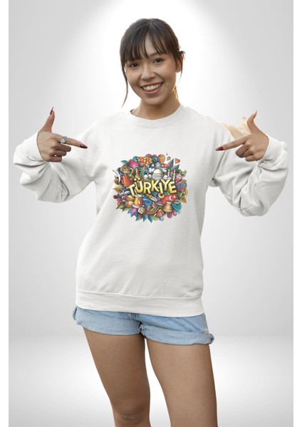 Turkiye Özel Karakterleri Kadın Erkek Beyaz Baskılı Sweatshirt modelleri