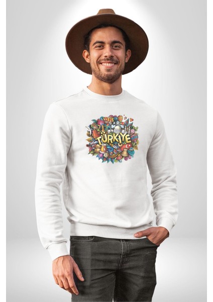 Turkiye Özel Karakterleri Kadın Erkek Beyaz Baskılı Sweatshirt fırsatları