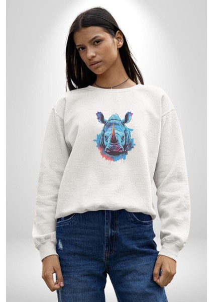 Su Aygırı Hipopotamo Renkli Kadın Erkek Beyaz Baskılı Sweatshirt