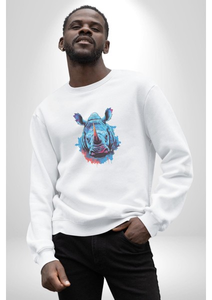 Su Aygırı Hipopotamo Renkli Kadın Erkek Beyaz Baskılı Sweatshirt fiyatları