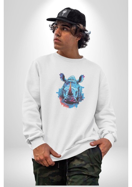 Su Aygırı Hipopotamo Renkli Kadın Erkek Beyaz Baskılı Sweatshirt fırsatları