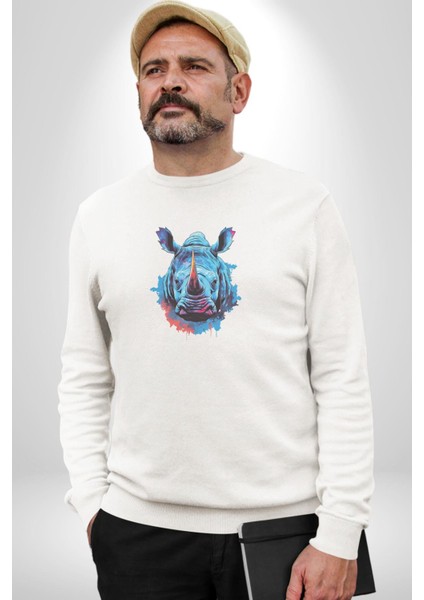 Su Aygırı Hipopotamo Renkli Kadın Erkek Beyaz Baskılı Sweatshirt indirimleri