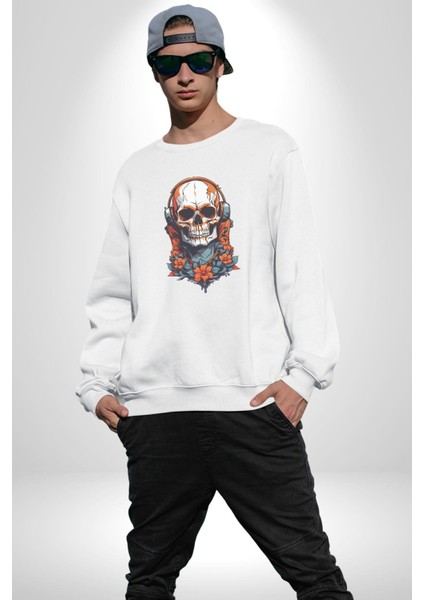 Müzik Kulaklık Takan Kurukafa Kırmızı Gül Kadın Erkek Beyaz Baskılı Sweatshirt