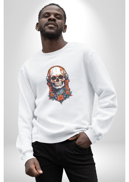 Müzik Kulaklık Takan Kurukafa Kırmızı Gül Kadın Erkek Beyaz Baskılı Sweatshirt fırsatları