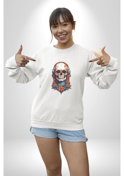 Müzik Kulaklık Takan Kurukafa Kırmızı Gül Kadın Erkek Beyaz Baskılı Sweatshirt indirimleri