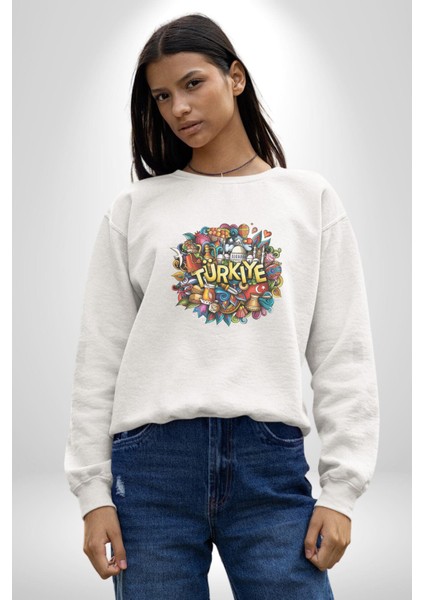 Turkiye Özel Karakterleri Kadın Erkek Beyaz Baskılı Sweatshirt indirimleri