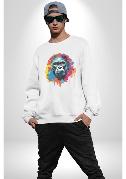 Renkli Maymun Goril Kadın Erkek Beyaz Baskılı Sweatshirt