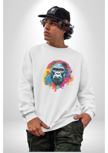 Renkli Maymun Goril Kadın Erkek Beyaz Baskılı Sweatshirt modelleri