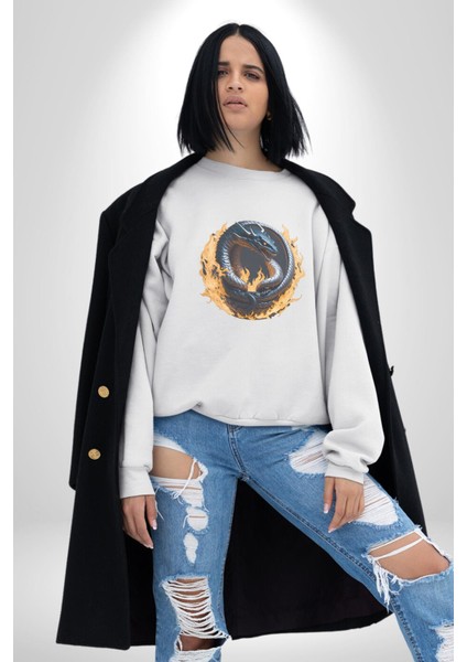 Ejderha Ateşli Top Kadın Erkek Beyaz Baskılı Sweatshirt
