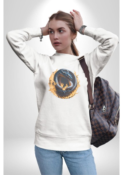 Ejderha Ateşli Top Kadın Erkek Beyaz Baskılı Sweatshirt