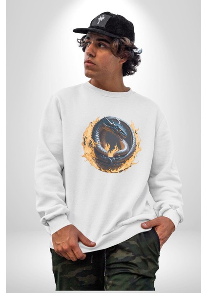 Ejderha Ateşli Top Kadın Erkek Beyaz Baskılı Sweatshirt