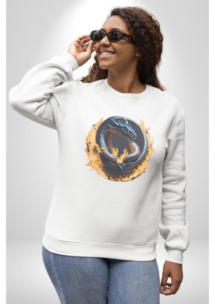Ejderha Ateşli Top Kadın Erkek Beyaz Baskılı Sweatshirt