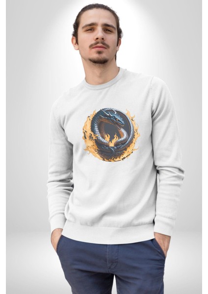 Ejderha Ateşli Top Kadın Erkek Beyaz Baskılı Sweatshirt