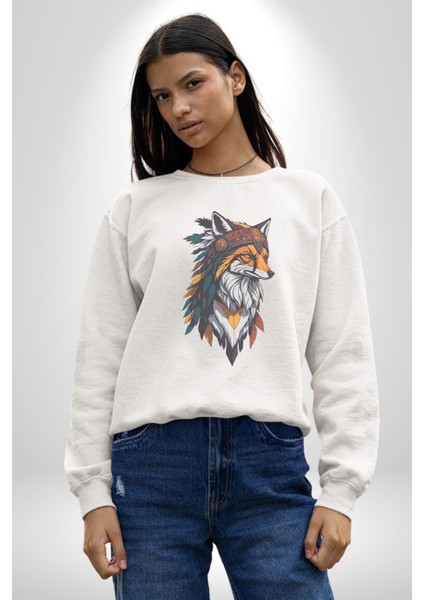 Kızılderili Tilki Kadın Erkek Beyaz Baskılı Sweatshirt fiyatları