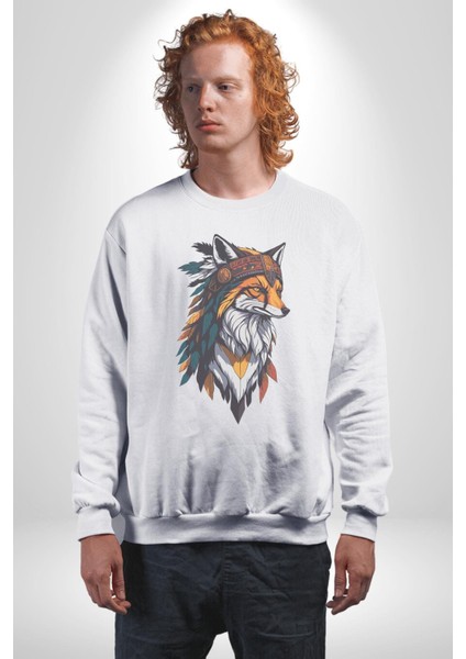 Kızılderili Tilki Kadın Erkek Beyaz Baskılı Sweatshirt modelleri