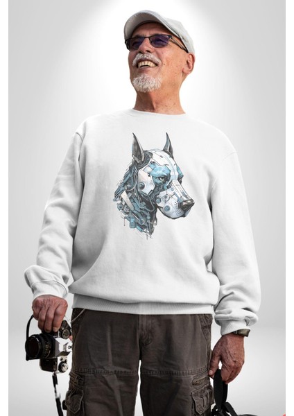 Robot Cyborg Köpek Doberman Kadın Erkek Beyaz Baskılı Sweatshirt