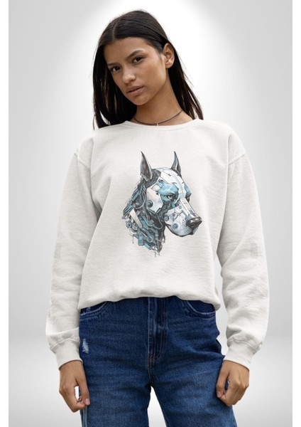 Robot Cyborg Köpek Doberman Kadın Erkek Beyaz Baskılı Sweatshirt