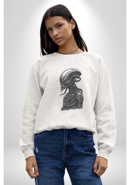 Uzaylı Predator Canavar Kadın Erkek  Beyaz Baskılı Sweatshirt