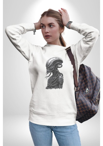 Uzaylı Predator Canavar Kadın Erkek  Beyaz Baskılı Sweatshirt