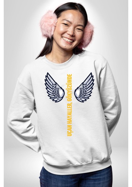 Uçan Hayaller Gökyüzünde Melek Kanatları Kadın Erkek Beyaz Sweatshirt