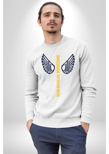 Uçan Hayaller Gökyüzünde Melek Kanatları Kadın Erkek Beyaz Sweatshirt fiyatları