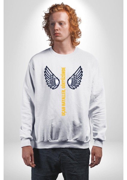 Uçan Hayaller Gökyüzünde Melek Kanatları Kadın Erkek Beyaz Sweatshirt modelleri