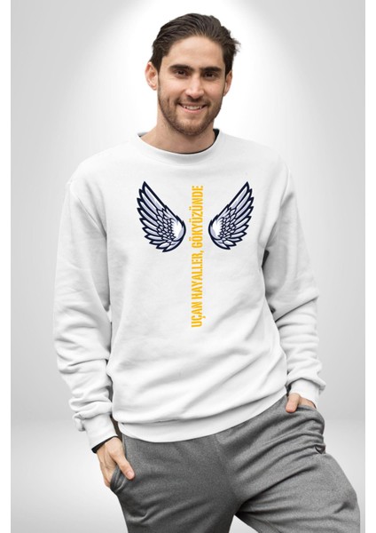 Uçan Hayaller Gökyüzünde Melek Kanatları Kadın Erkek Beyaz Sweatshirt fırsatları