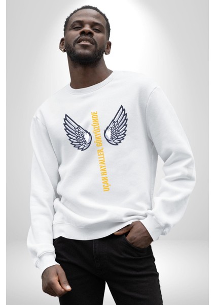 Uçan Hayaller Gökyüzünde Melek Kanatları Kadın Erkek Beyaz Sweatshirt indirimleri