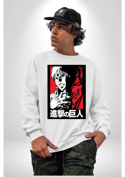Anime Manga Style Attack On Titan Kadın Erkek Beyaz Sweatshirt