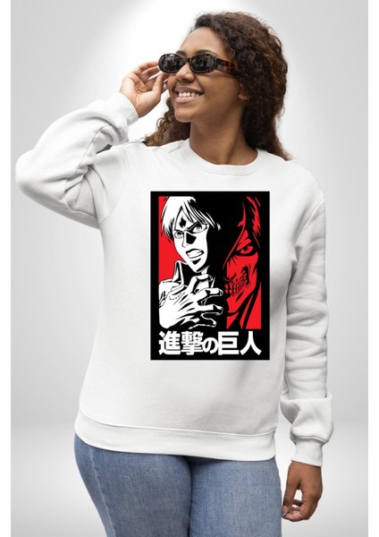 Anime Manga Style Attack On Titan Kadın Erkek Beyaz Sweatshirt