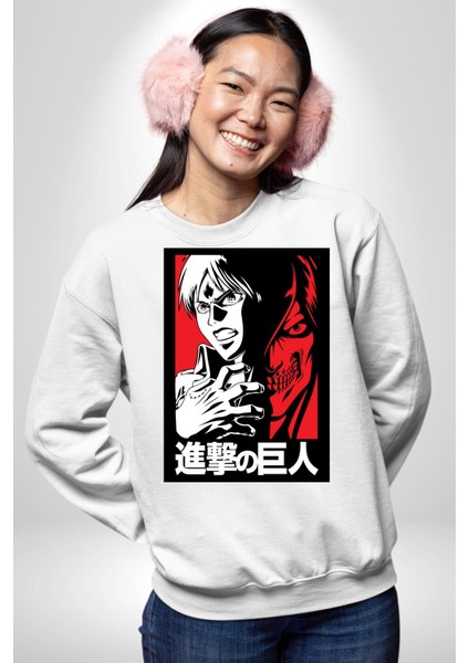 Anime Manga Style Attack On Titan Kadın Erkek Beyaz Sweatshirt