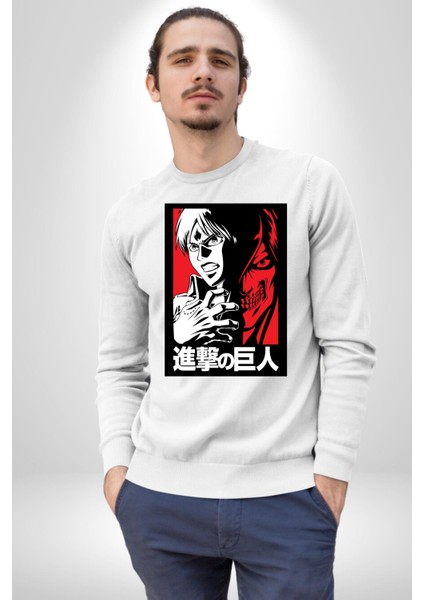 Anime Manga Style Attack On Titan Kadın Erkek Beyaz Sweatshirt