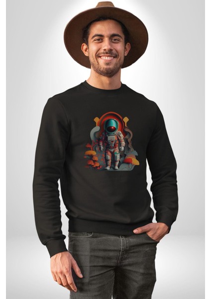 Astronot Yapay Zeka Yürüyüş Kadın Erkek Siyah Baskılı Sweatshirt